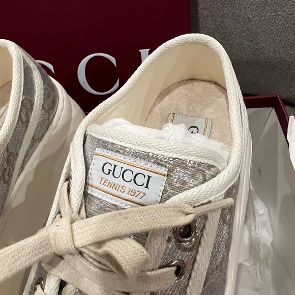 New Gucci Silver Metallic Tennis 1977 Trek GG Monogram Platform Sneakers - Picture 4 of 12
